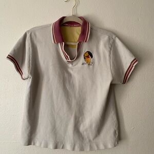 Vintage Walt Disney World Polo Shirt with Cartoon Patch - Cream and Burgundy